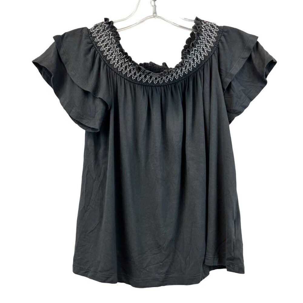 American Eagle Womens Off Shoulder Smocked Neck Cropped Top Gray/White XS